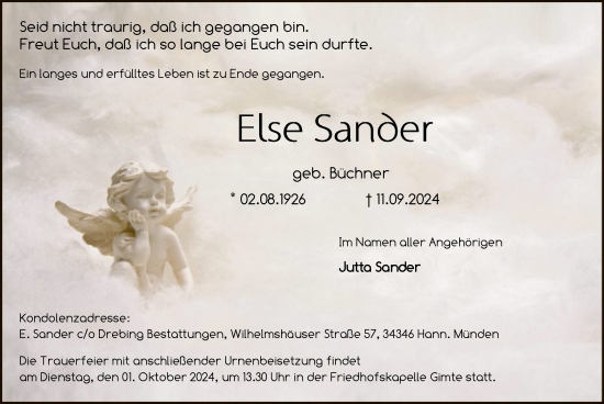 Traueranzeige von Else Sander von HNA