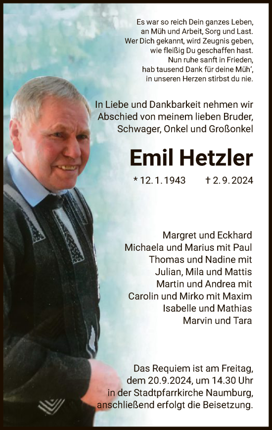 Traueranzeige von Emil Hetzler von HNA