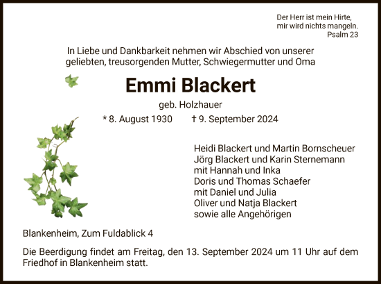 Traueranzeige von Emmi Blackert von HNA