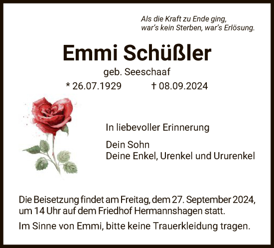 Traueranzeige von Emmi Schüßler von HNA