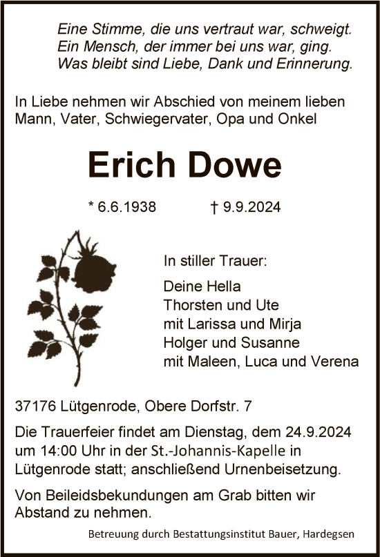 Traueranzeige von Erich Dowe von HNA