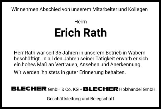 Traueranzeige von Erich Rath von HNA