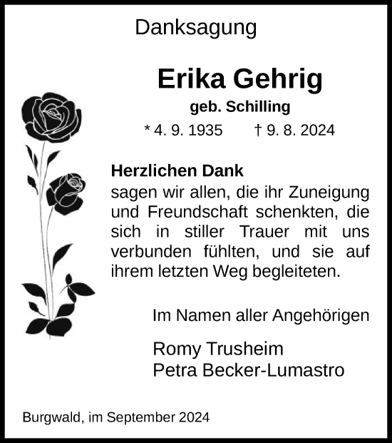 Traueranzeige von Erika Gehrig von HNA