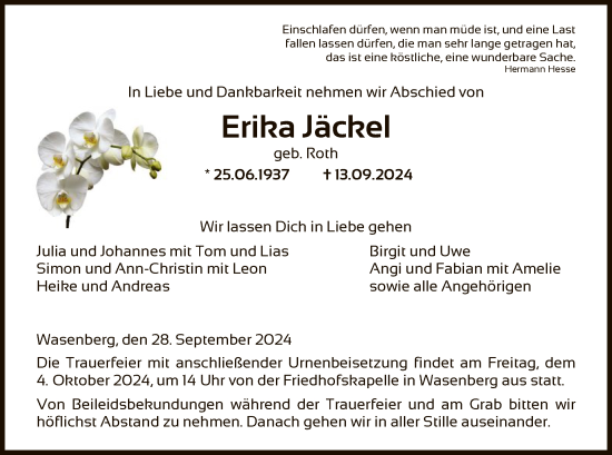 Traueranzeige von Erika Jäckel von HNA