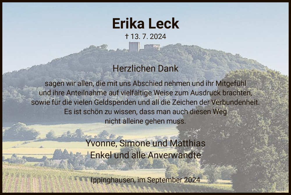  Traueranzeige für Erika Leck vom 07.09.2024 aus HNA