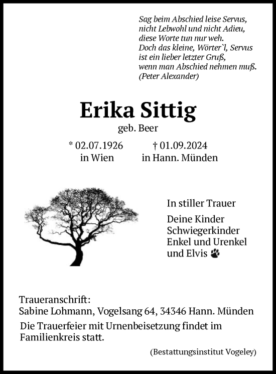 Traueranzeige von Erika Sittig von HNA