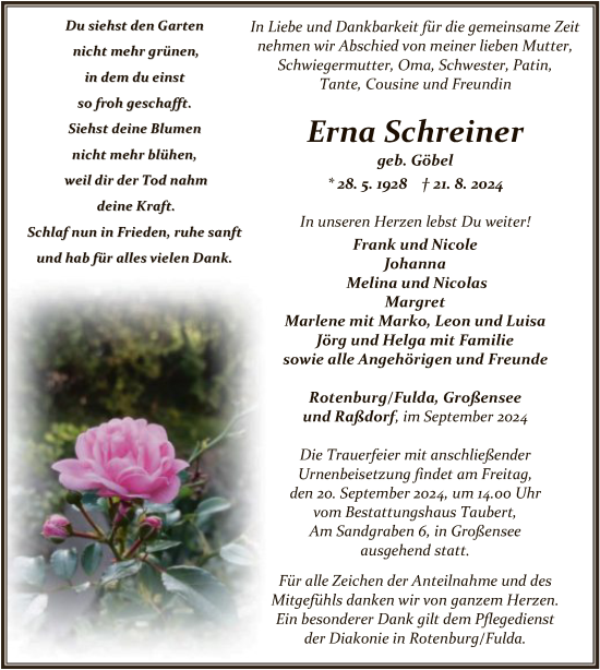 Traueranzeige von Erna Schreiner von HNAHNA