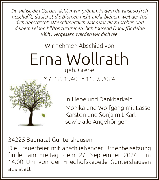 Traueranzeige von Erna Wollrath von HNA