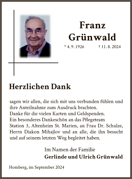 Traueranzeige von Franz Grünwald von HNA