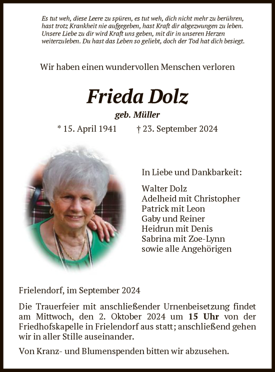 Traueranzeige von Frieda Dolz von HNA