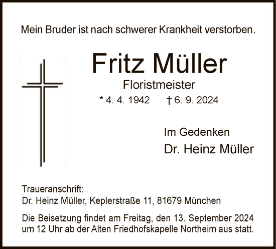 Traueranzeige von Fritz Müller von HNA