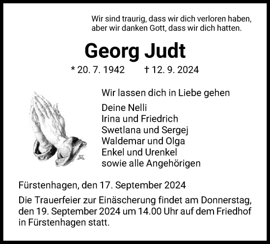 Traueranzeige von Georg Judt von HNA