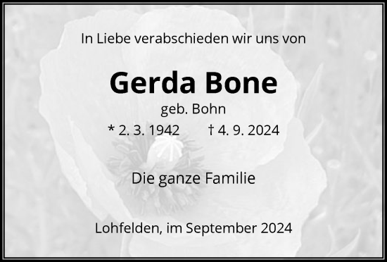 Traueranzeige von Gerda Bone von HNA