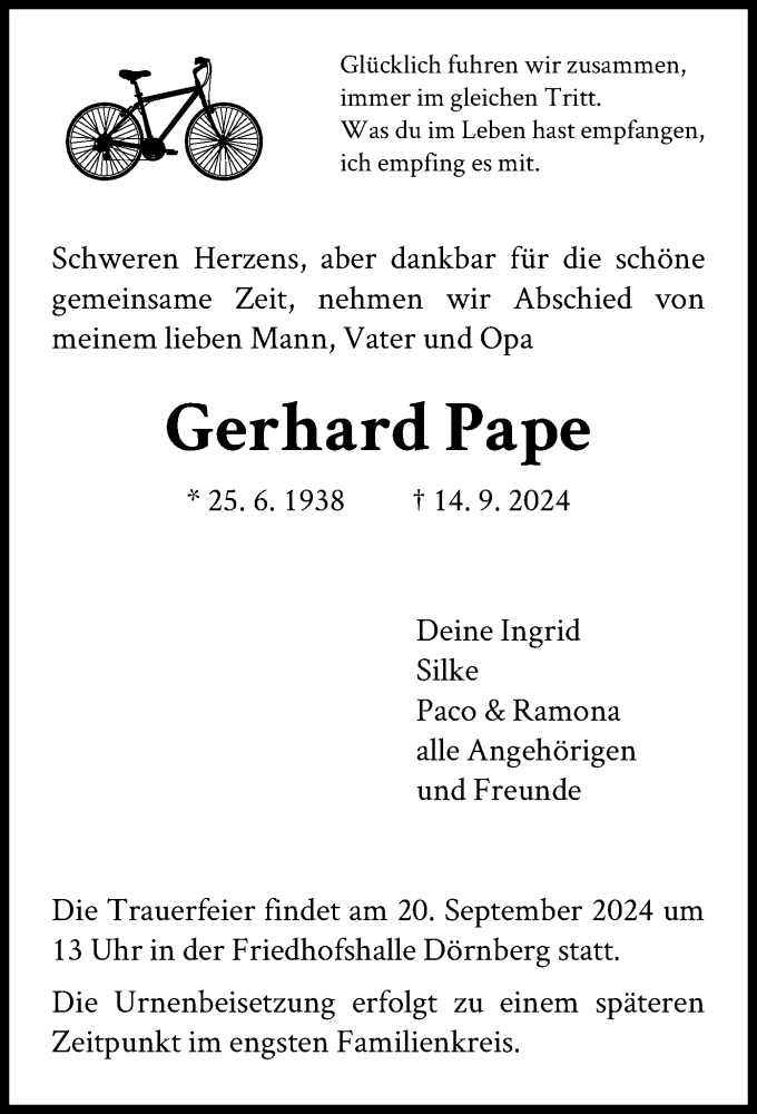  Traueranzeige für Gerhard Pape vom 18.09.2024 aus HNA