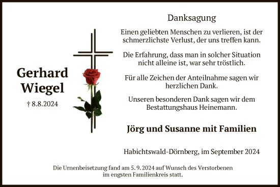 Traueranzeige von Gerhard Wiegel von HNA
