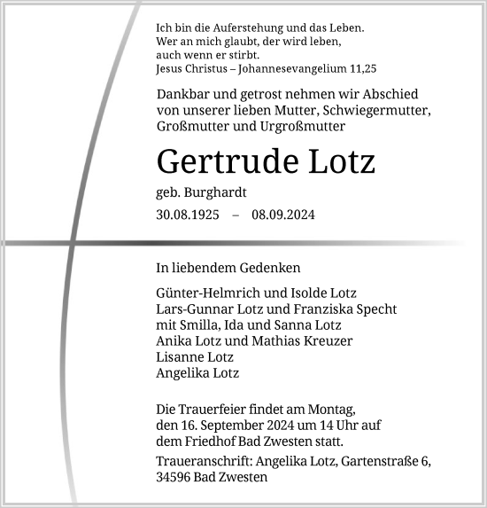 Traueranzeige von Gertrude Lotz von HNA