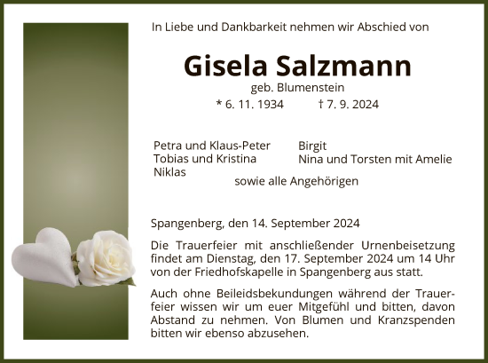 Traueranzeige von Gisela Salzmann von HNA