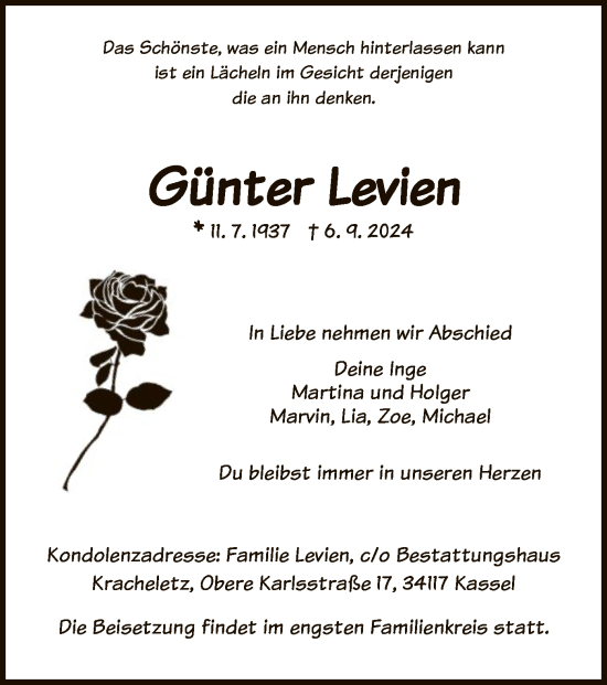 Traueranzeige von Günter Levien von HNA