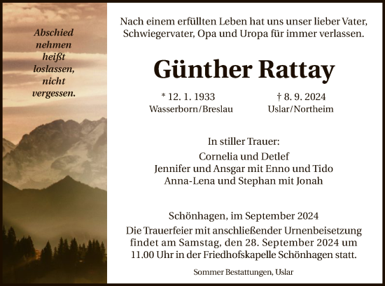 Traueranzeige von Günther Rattay von HNA