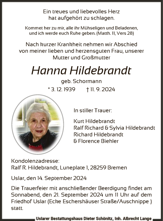 Traueranzeige von Hanna Hildebrandt von HNA