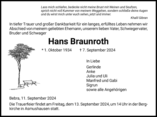 Traueranzeige von Hans Braunroth von HNA