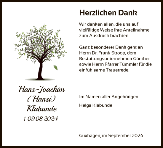 Traueranzeige von Hans-Joachim Klabunde von HNA