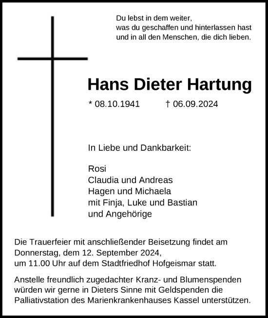 Traueranzeige von Hans Dieter Hartung von HNA