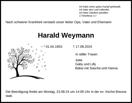 Traueranzeige von Harald Weymann von HNA