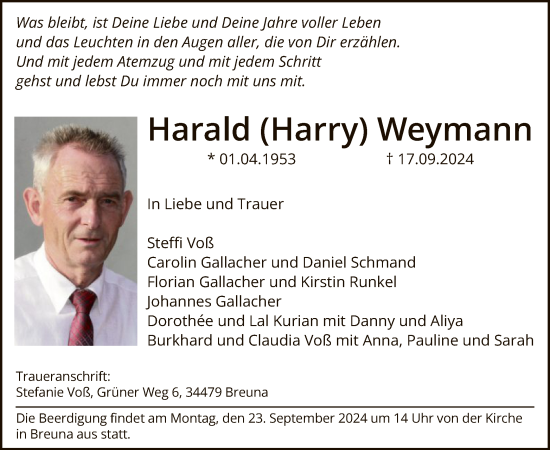 Traueranzeige von Harald Weymann von HNA