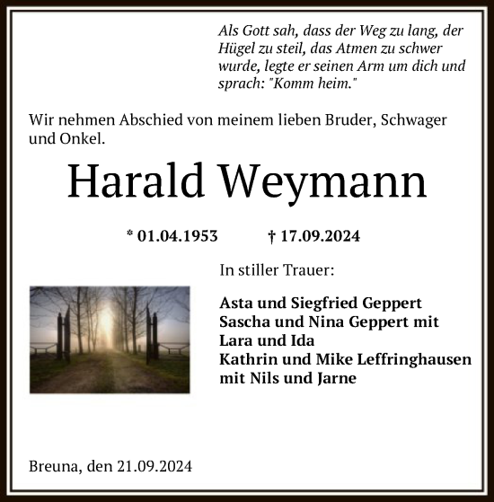 Traueranzeige von Harald Weymann von HNA