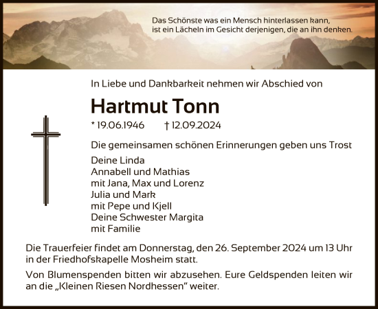 Traueranzeige von Hartmut Tonn von HNAHNA