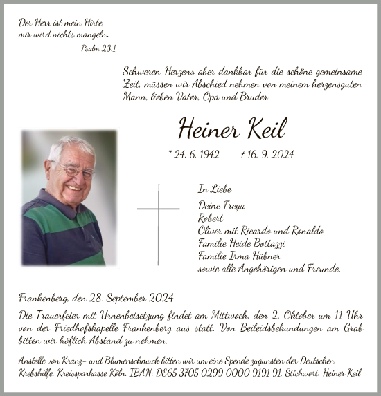 Traueranzeige von Heiner Keil von HNA