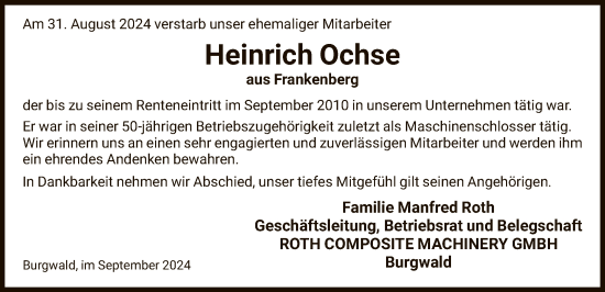 Traueranzeige von Heinrich Ochse von HNA