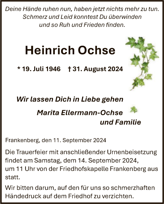 Traueranzeige von Heinrich Ochse von HNA