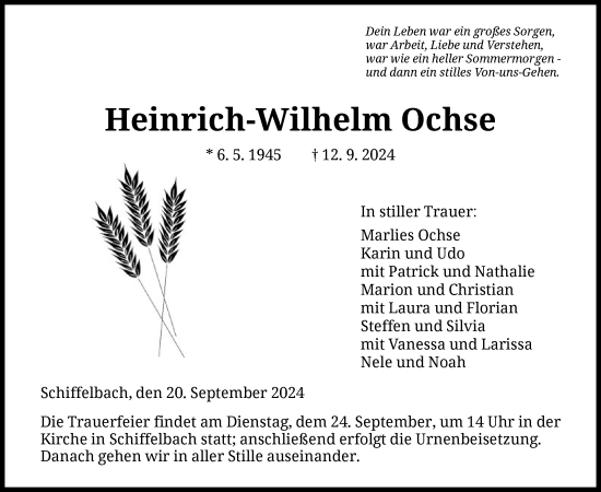 Traueranzeige von Heinrich-Wilhelm Ochse von HNA