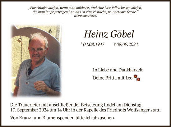 Traueranzeige von Heinz Göbel von HNA