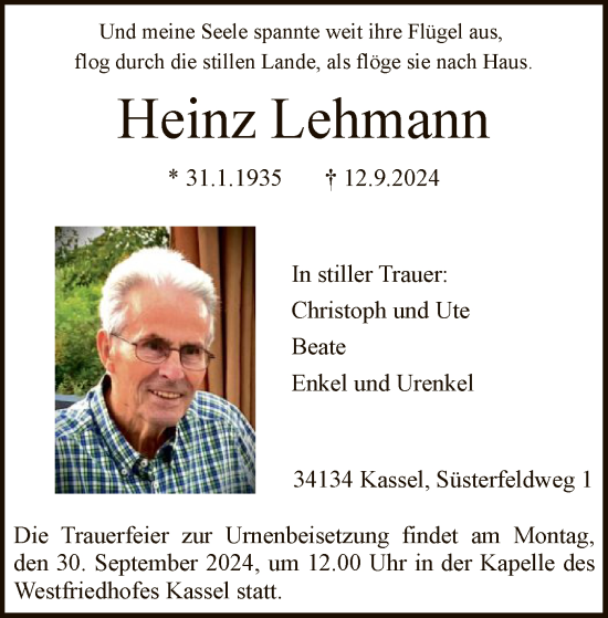 Traueranzeige von Heinz Lehmann von HNA