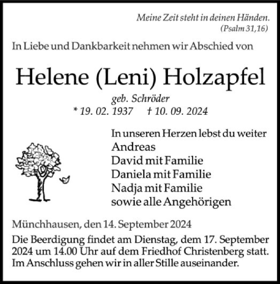 Traueranzeige von Helene  Holzapfel von HNA