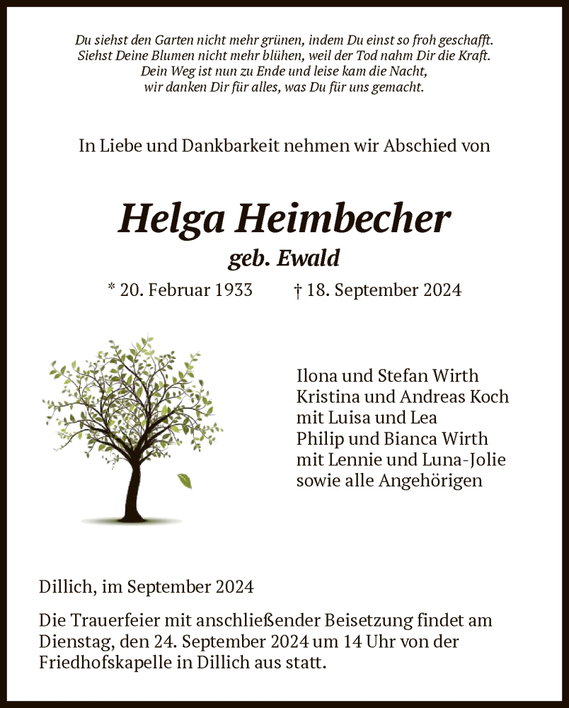  Traueranzeige für Helga Heimbecher vom 21.09.2024 aus HNA