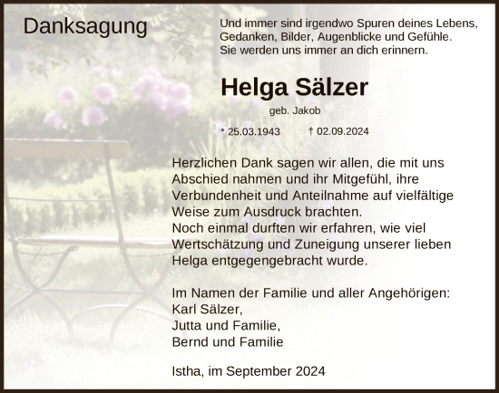 Traueranzeige von Helga Sälzer von HNA