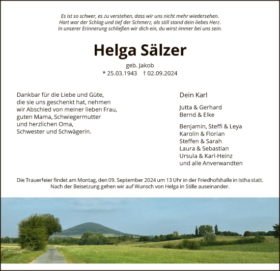 Traueranzeige von Helga Sälzer von HNA