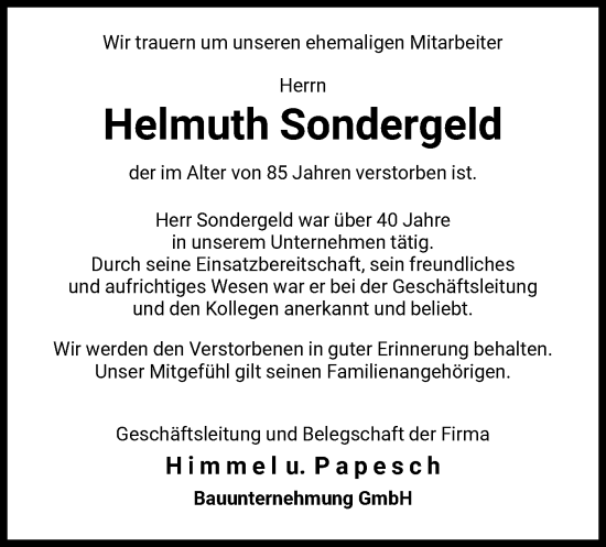 Traueranzeige von Helmuth Sondergeld von HNA