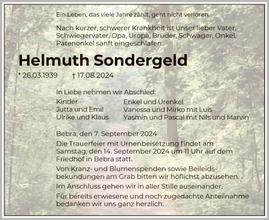 Traueranzeige von Helmuth Sondergeld von HNA