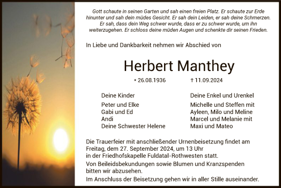 Traueranzeige von Herbert Manthey von HNA