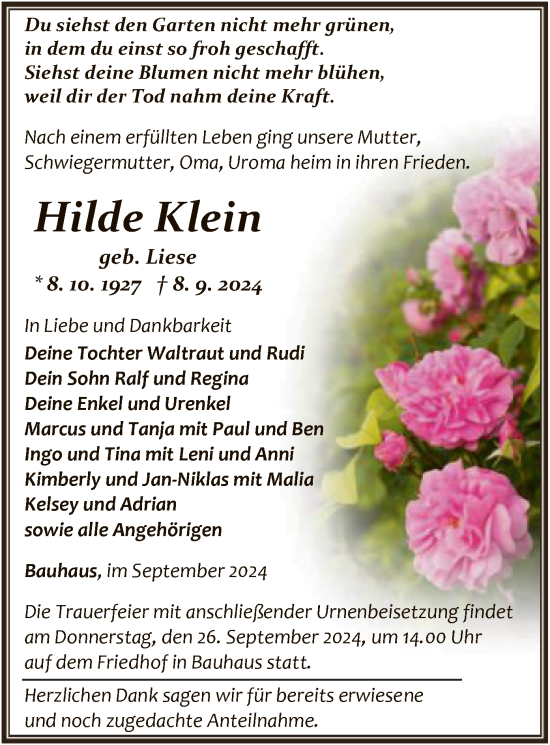 Traueranzeige von Hilde Klein von HNA