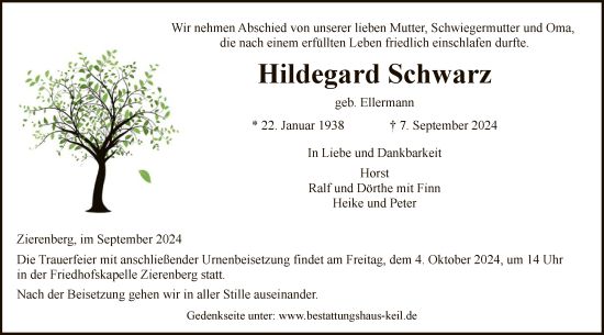 Traueranzeige von Hildegard Schwarz von HNA