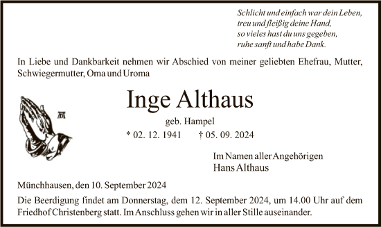 Traueranzeige von Inge Althaus von HNA