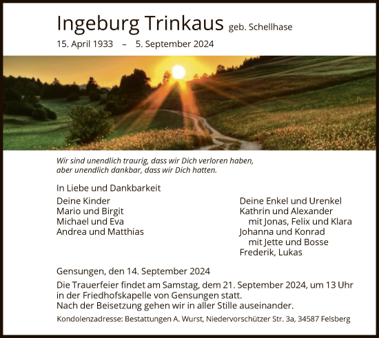 Traueranzeige von Ingeburg Trinkaus von HNA