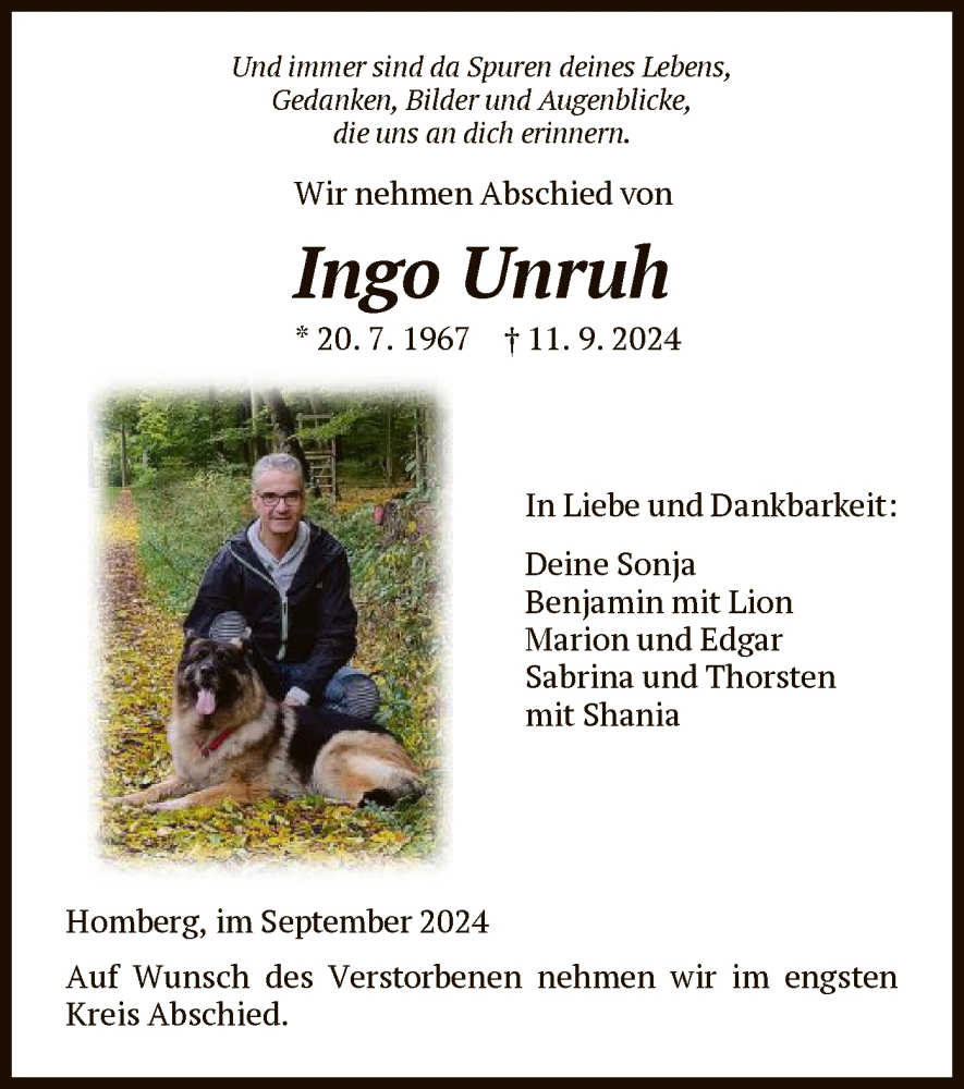  Traueranzeige für Ingo Unruh vom 14.09.2024 aus HNA