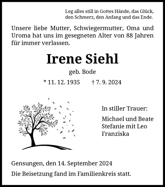 Traueranzeige von Irene Siehl von HNA